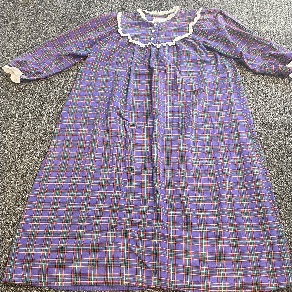 Vintage Lanz of Salzburg Flannel Nightgown Plaid Lace Trim Prairie Cottagecore